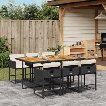 7-Piece Black Poly Rattan Garden Dining Set with Cushions
