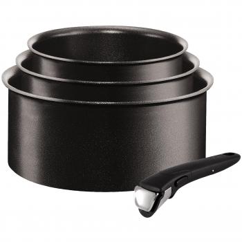 Juego de 3 Cazos Tefal Ingenio Expertise con Mango Extraíble - Aluminio Antiadherente, Titanium Excellence, Apto para Todo Tipo de Cocinas - Negro
