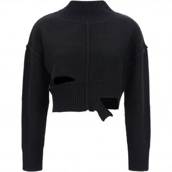 MM6 Maison Margiela - Women's Black Cropped Wool Turtleneck Sweater with Cut-Out Detail, Size L