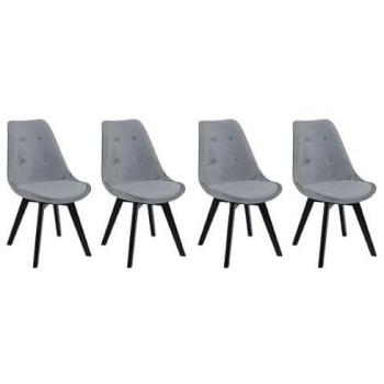 Juego de 4 sillas de comedor de terciopelo gris Nora con cojín y patas negras de madera maciza