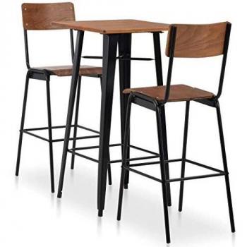 vidaXL Set Mesa Alta + 2 Taburetes Respaldo Cocina Bar Barra 3 Pzas Diseño Industrial Madera Patas Acero Conjunto Muebles Sillas Desayuno Marrón Negro