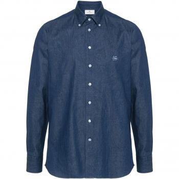 Etro Men's Logo Cotton Shirt in Blue | Size 39 | MRIB000499SA531X0883