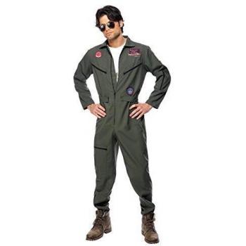 Disfraz de Piloto de Avión Top Gun Deluxe para Hombre con Mono Verde, Placas de Identificación y Gafas - Talla L