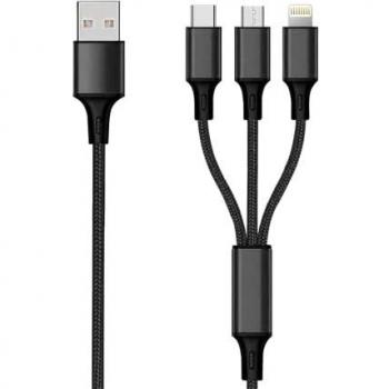 Cabo 3 en 1 USB 3 m Micro-USB/Lightning/USB-C Nylon Negro