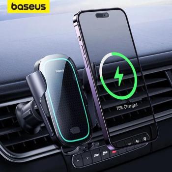 Baseus Soporte de Teléfono para Coche con Carga Inalámbrica Automática 15W, Compatible con Samsung, iPhone y Xiaomi, Montaje en Ventilación, Color Negro