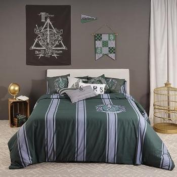 Funda Nórdica Harry Potter Slytherin 220 x 220 cm Cama de 135/140, Multicolor, 175 Hilos, con Botones, 100% algodón, Modelo Slytherin Rayas