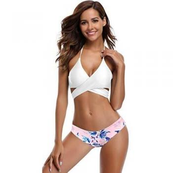 SHEKINI Mujeres Front Cross Bandage Bikini Floral impresión Inferior Traje de baño