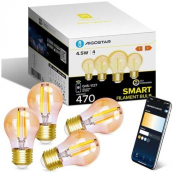 Bombilla Inteligente LED E27 Vintage Ámbar Regulable 4.5W 470LM Compatible con Alexa y Google Home - Pack de 4 Unidades
