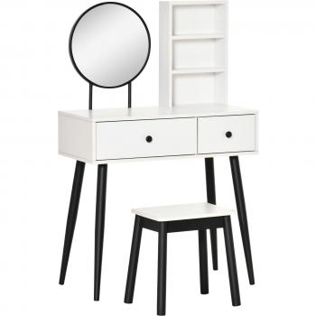 HOMCOM Juego Tocador de Maquillaje con Taburete Espejo Redondo 2 Cajones de Almacenaje y 3 Estantes Mesa de Maquillaje para Dormitorio Vestidor 80x