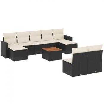 10-Piece Black Poly Rattan Garden Sofa Set with Cushions