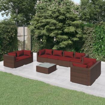 9-Piece Brown Poly Rattan Garden Lounge Set with Cushions