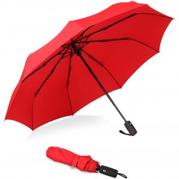 Eono Essentials - Paraguas de viaje compacto resistente al viento y revestido de teflón con cubierta reforzada, empuñadura ergonómica y sistema de apertura automático Rojo