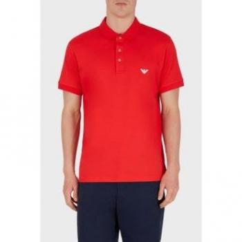 Emporio Armani Men's Red Short Sleeve Cotton Piqué Polo Shirt with Embroidered Logo