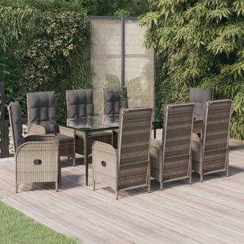 9-Piece Black and Grey Poly Rattan Garden Lounge and Dining Set with Cushions