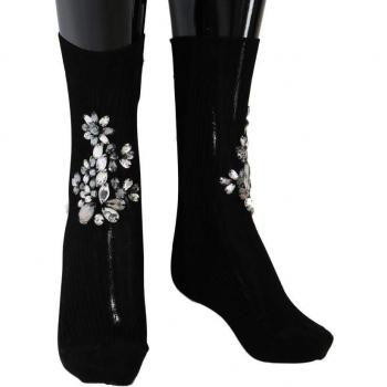 Dolce & Gabbana Black Knitted Floral Clear Crystal Socks - M