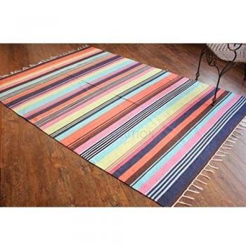 Alfombra de tejido reversible tejido 100% algodón orgánico con tintes vegetales. Estampado a rayas multicolor. Tapete. Medidas: 150x210cm