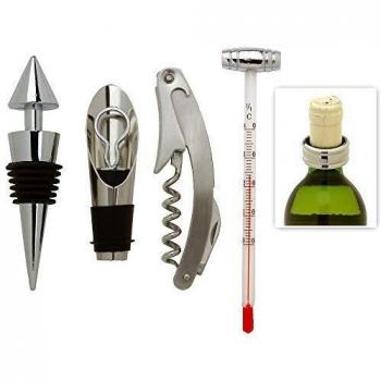 Set de 5 accesorios para vino con sacacorchos, tapón, termómetro en forma de martillo, anillo antigoteo y vertedor
