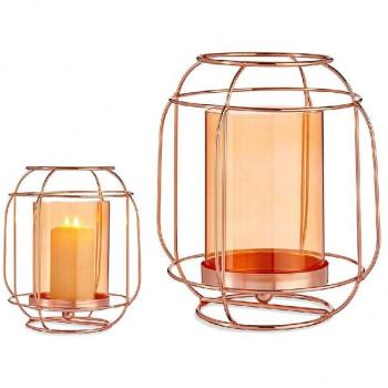 Portavelas Cobre Ámbar Farol Metal Vidrio 19 x 20 x 19 cm