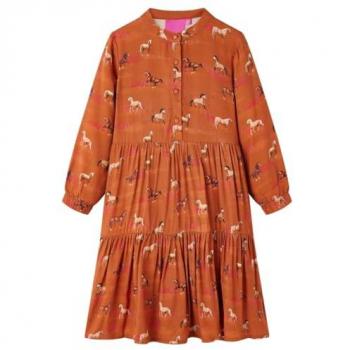 Vestido Infantil Manga Larga Cuello Mao Botones Color Coñac 104