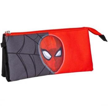 Estuche Escolar Spiderman con 3 Compartimentos, Cierre de Cremallera, Color Rojo y Negro, Dimensiones 22.5 x 2 x 11.5 cm