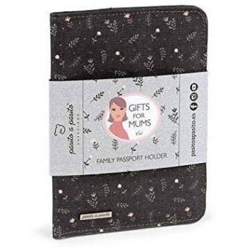 Pasito a Pasito. Portadocumentos de Viaje Familiar Flor. Gifts for Mums. Organizador con Funda para pasaportes, Documentos y Libro de Familia en Viajes. Color Gris. Medidas 21X15X1 cm.
