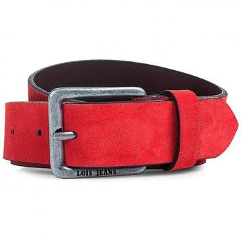 Lois - Cinturón de hombre en piel aterciopelada color rojo, cuero genuino, hebilla de metal, ideal para el uso diario