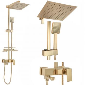 Set de ducha Rea Jack Oro Cepillado con grifo termostático, rociador de lluvia, ducha manual y sistema antical