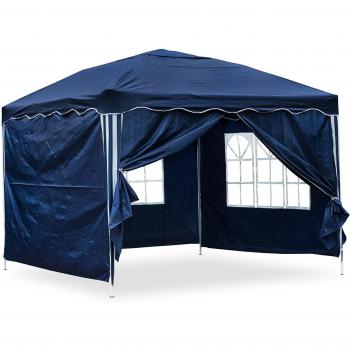pabellón de jardín, plegable, 3 x 3m, techo azul/blanco, con paredes laterales, azul/blanco, 2 x ventanas / 1x cerrable / 1x completamente cerrada, material Oxford 200D, 4 piezas, hidrófugas