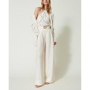Pantalón de mujer de pernera ancha en lona y lino