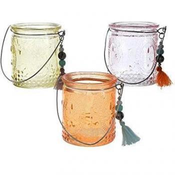 EDM Portavelas cristal con asa de metal y borla colores surtidos
