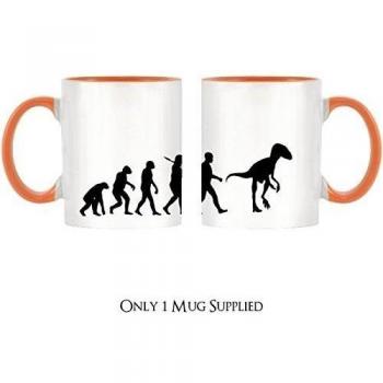 La evolución de un velocirraptor diseño bicolor taza con naranja mango e interior