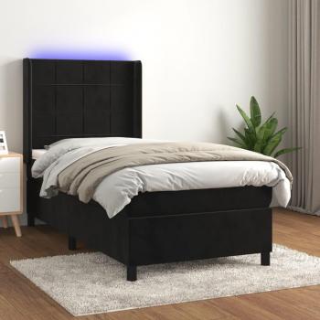 Cama box spring con colchón y LED en terciopelo negro 90x200 cm