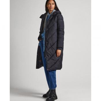 Pepe Jeans Mia - Plumífero Acolchado Largo Negro para Mujer con Capucha y Deflectores Diagonales 100% Poliéster