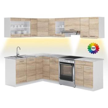 Cocina Esquinera Vicco Rick, Blanco/Sonoma, 247 x 167 cm, Con Encimera de Mármol y Tira LED