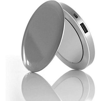 Hyper Perla Espejo Compacto Paquete de la batería Recargable del USB, Enciende para Arriba Espejo de Maquillaje Personal con un batería 3000mAh y 2,1 Amp Puerto USB Silver
