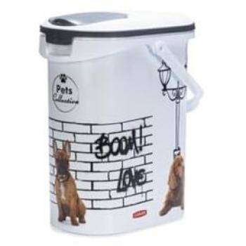 Curver Contenedor de Pienso con Ruedas para perros, 4Kg, Gris y blanco, sellado de goma antiolores, decorado con perros, dimensiones 29,5x19,2x34,8 cm