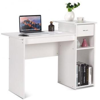 Contemporary White Particle Board Computer Desk with 2 Open Shelves and Drawer