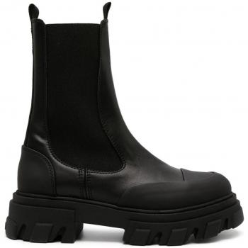 Ganni Women's Chelsea Mid Leather Boots - Black, Size 36 (UK Size 3), Cleated Mid Chelsea Boot