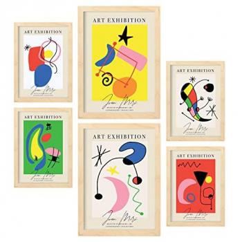 Set de 6 Posters de Arte Miró con Estética Collage para Decoración de Interiores en Tamaños A3 y A4 con Marco Color Madera