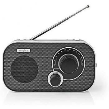 Nedis - Radio FM - Diseño portátil - FM - Alimentación a Pilas - Analógico - 1,5 W - Salida para Auriculares - Asa de Transporte - Negro/Aluminio