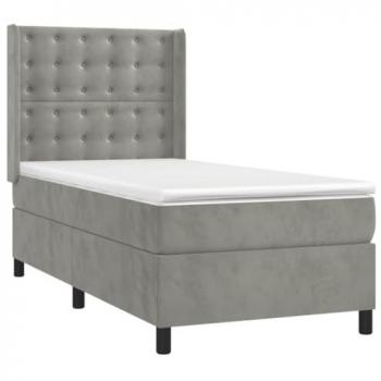 Cama box spring colchón y LED terciopelo gris claro 90x190 cm