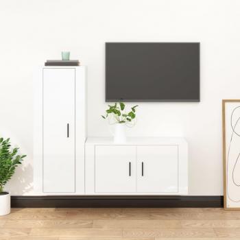 vidaXL Set de muebles de TV 2 piezas madera contrachapada blanco brillo, Mueble de salón moderno, incluye mesa para televisor y estante, diseño elegante y funcional, acabado en blanco brillo