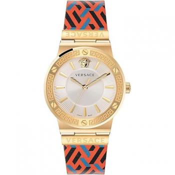 Versace Greca Logo Leather Watch, Multicolor, Female, Size: ONE SIZE