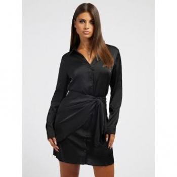 Vestido camisero de satén negro Guess