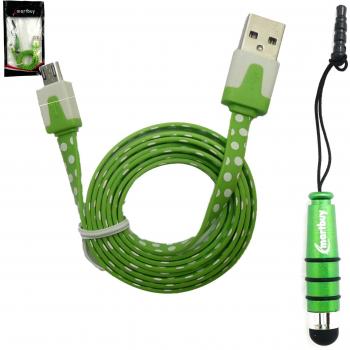 Emartbuy® Lunares Range Duo Paquete para Xoro PAD 10W6 Windows Convertible Tablet PC 10.6 Inch - Verde Lápiz Óptico Metálico + Lunares Verde / Blanco Flat Anti-Tangle Micro USB Sync Transfer Data & Cargador Cable