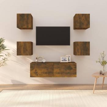 Conjunto de muebles de TV de pared en madera multicapa con acabado en roble ahumado