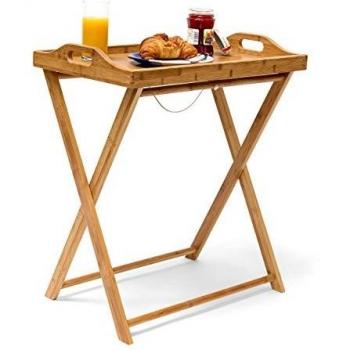 Mesa Auxiliar Plegable de Bambú con Bandeja Extraíble, 63.5 x 55 x 35 cm, Ideal para Desayunos y Servir Comida, Color Marrón Natural