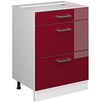 Mueble Bajo Universal R-Line, Rojo Burdeos Alto Brillo, 60 cm con Cajones, Sin Encimera
