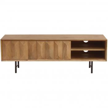 Mueble TV de madera clara de mango macizo con grabado y metal negro 120 cm AGRA