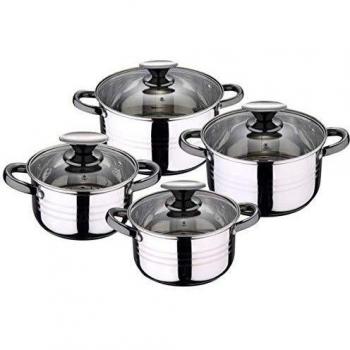 San Ignacio Bateria de cocina 8 piezas-acero inoxidable-tapas de vidrio-apta para inducción-Colección Hita, Ø16 Ø18 Ø20 y Ø24 cms